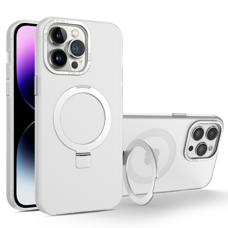 

For iPhone 15 Pro MagSafe Metal Holder Frosted Translucent Phone Case(White)