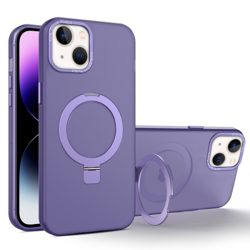 

For iPhone 15 MagSafe Metal Holder Frosted Translucent Phone Case(Dark Purple)