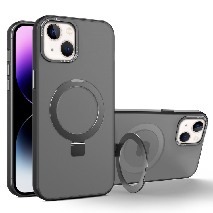 

For iPhone 14 Plus MagSafe Metal Holder Frosted Translucent Phone Case(Black)