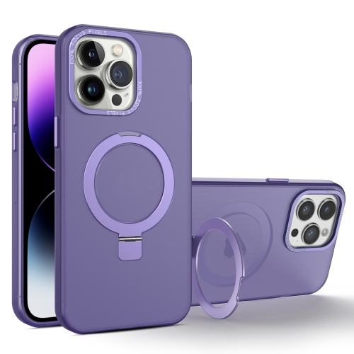 

For iPhone 14 Pro MagSafe Metal Holder Frosted Translucent Phone Case(Dark Purple)