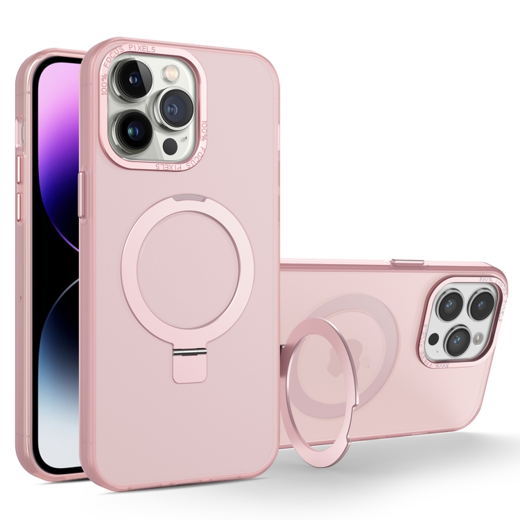 

For iPhone 14 Pro MagSafe Metal Holder Frosted Translucent Phone Case(Pink)