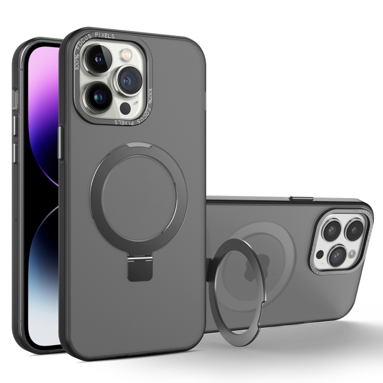 

For iPhone 14 Pro MagSafe Metal Holder Frosted Translucent Phone Case(Black)