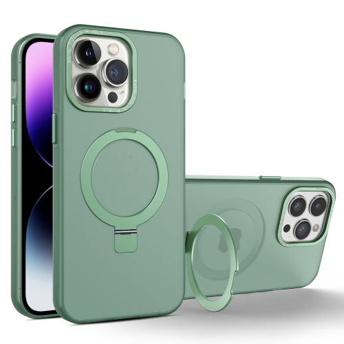 

For iPhone 14 Pro Max MagSafe Metal Holder Frosted Translucent Phone Case(Green)