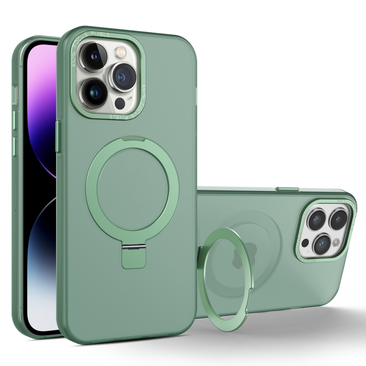 

For iPhone 13 Pro MagSafe Metal Holder Frosted Translucent Phone Case(Green)