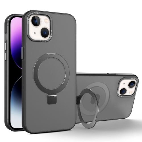 For iPhone 13 MagSafe Metal Holder Frosted Translucent Phone Case(Black)