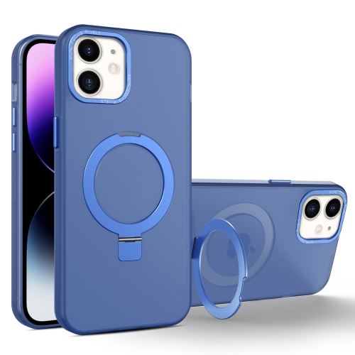 

For iPhone 11 MagSafe Metal Holder Frosted Translucent Phone Case(Royal Blue)