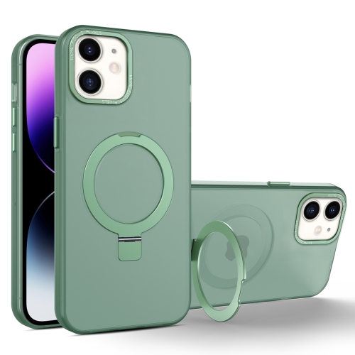 

For iPhone 11 MagSafe Metal Holder Frosted Translucent Phone Case(Green)