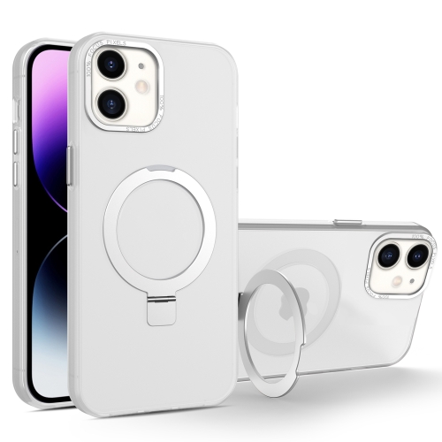 

For iPhone 11 MagSafe Metal Holder Frosted Translucent Phone Case(White)