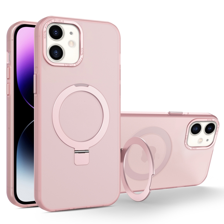 

For iPhone 11 MagSafe Metal Holder Frosted Translucent Phone Case(Pink)