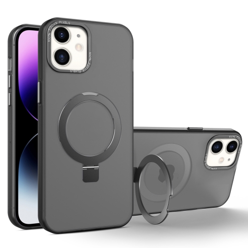 For iPhone 11 MagSafe Metal Holder Frosted Translucent Phone Case(Black)