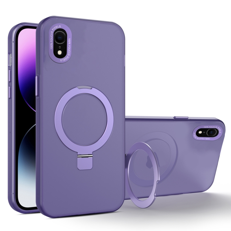 

For iPhone XR MagSafe Metal Holder Frosted Translucent Phone Case(Dark Purple)