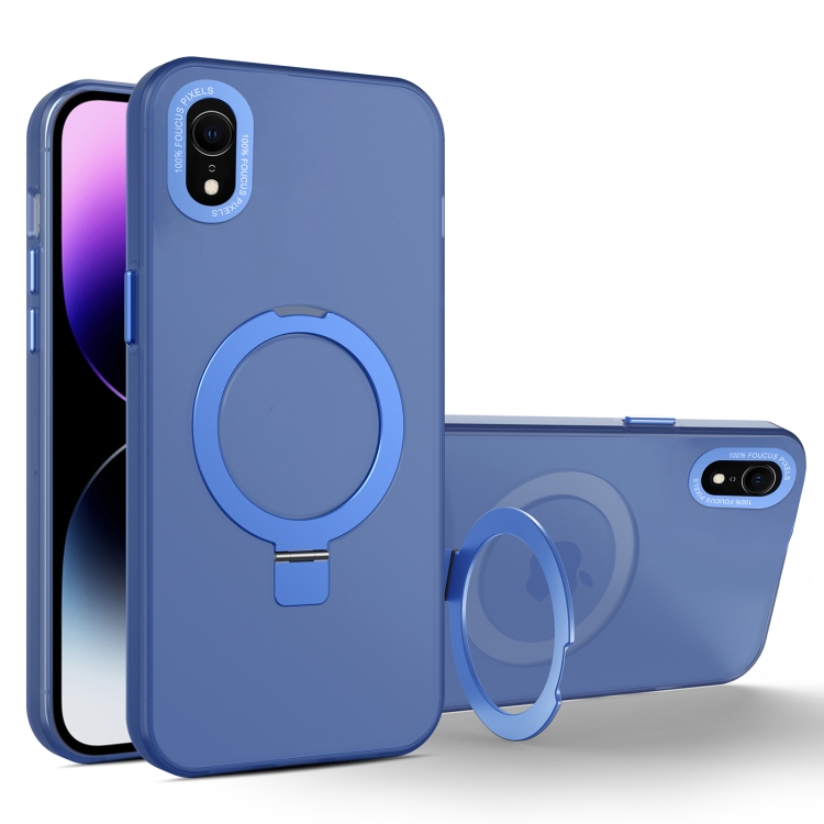 

For iPhone XR MagSafe Metal Holder Frosted Translucent Phone Case(Royal Blue)