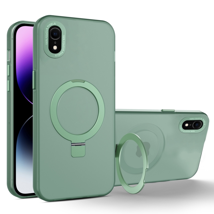 

For iPhone XR MagSafe Metal Holder Frosted Translucent Phone Case(Green)