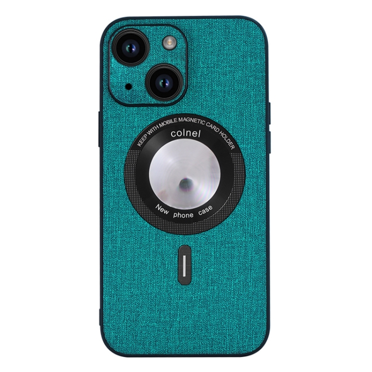 

For iPhone 15 Cloth Texture MagSafe Magnetic PU Phone Case(Dark Green)
