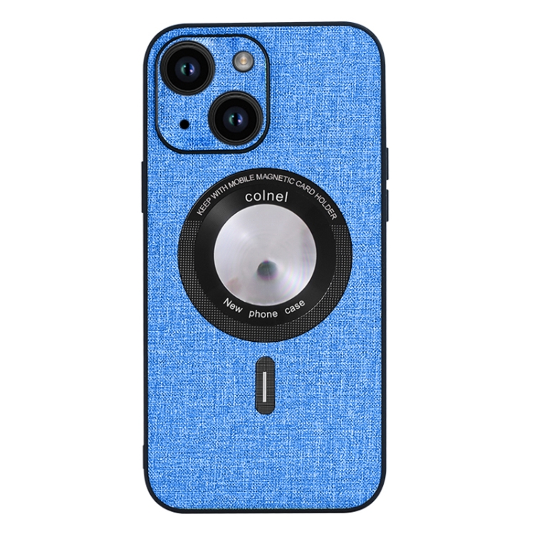 

For iPhone 15 Plus Cloth Texture MagSafe Magnetic PU Phone Case(Light Blue)