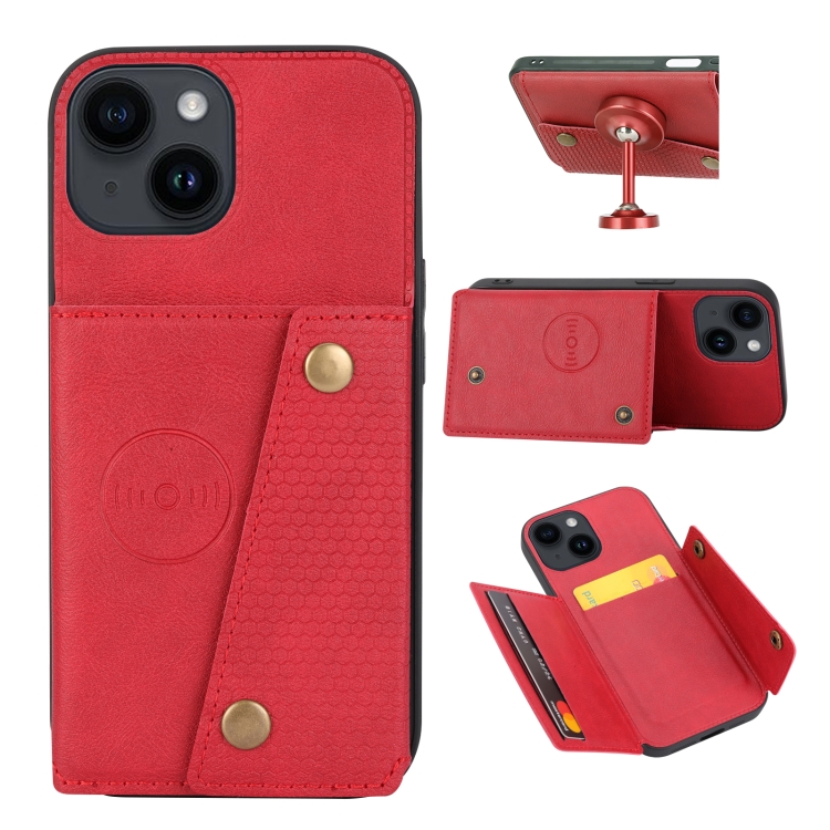 

For iPhone 15 Double Buckle Card Slots PU + TPU Phone Case(Red)