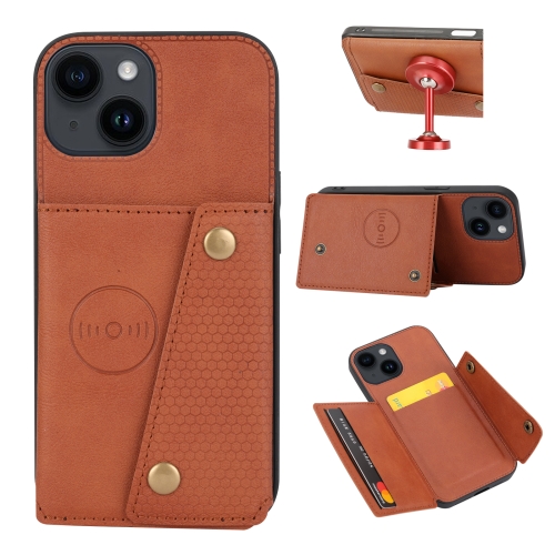

For iPhone 15 Plus Double Buckle Card Slots PU+TPU Phone Case(Brown)