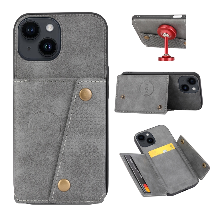 

For iPhone 15 Plus Double Buckle Card Slots PU+TPU Phone Case(Grey)