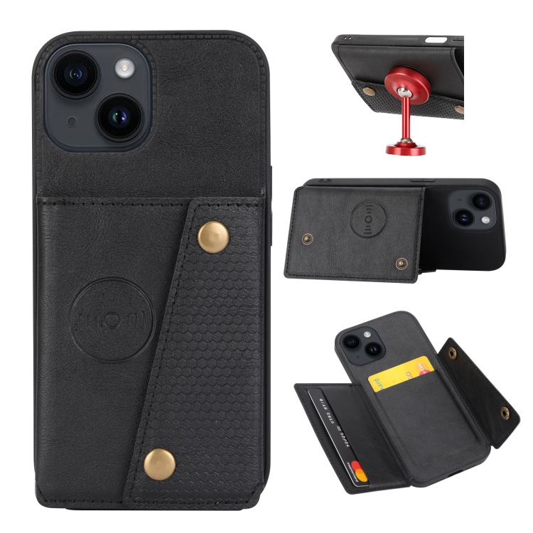 

For iPhone 15 Plus Double Buckle Card Slots PU + TPU Phone Case(Black)