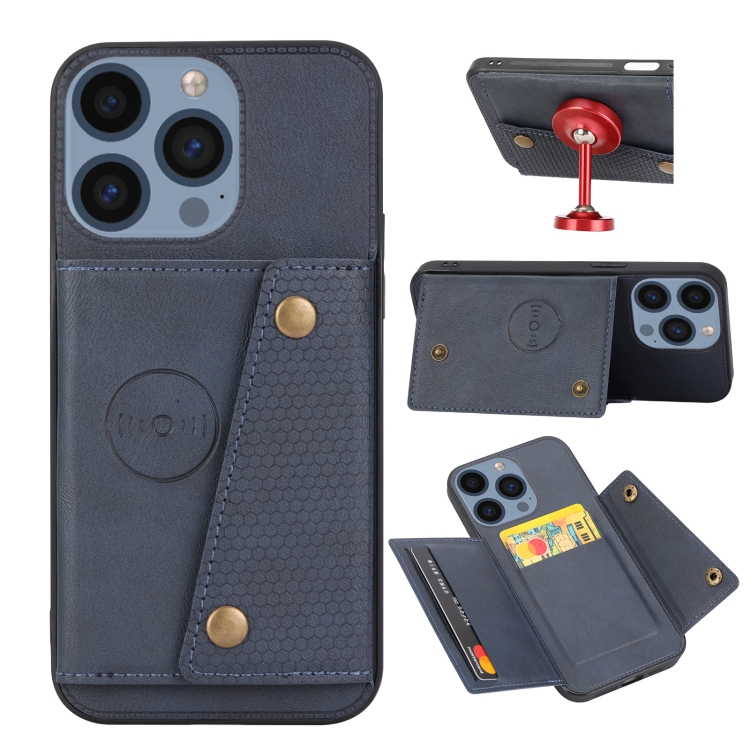

For iPhone 16 Pro Double Buckle Card Slots PU + TPU Phone Case(Blue)