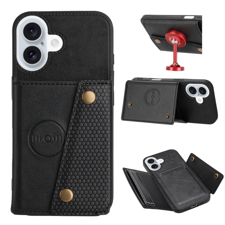 

For iPhone 16 Double Buckle Card Slots PU + TPU Phone Case(Black)