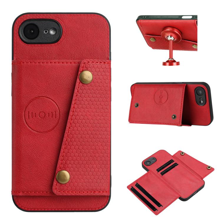 

For iPhone 16e Double Buckle Card Slots PU + TPU Phone Case(Red)
