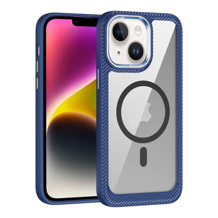 

For iPhone 15 Plus MagSafe Carbon Fiber Transparent Back Panel Phone Case(Blue)