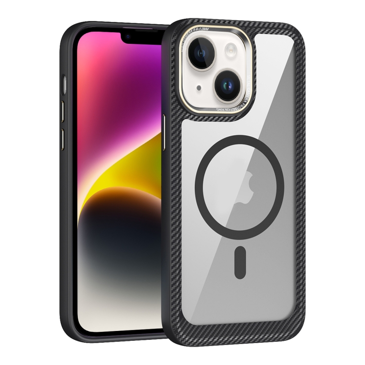 

For iPhone 15 Plus MagSafe Carbon Fiber Transparent Back Panel Phone Case(Black Transparent Black)