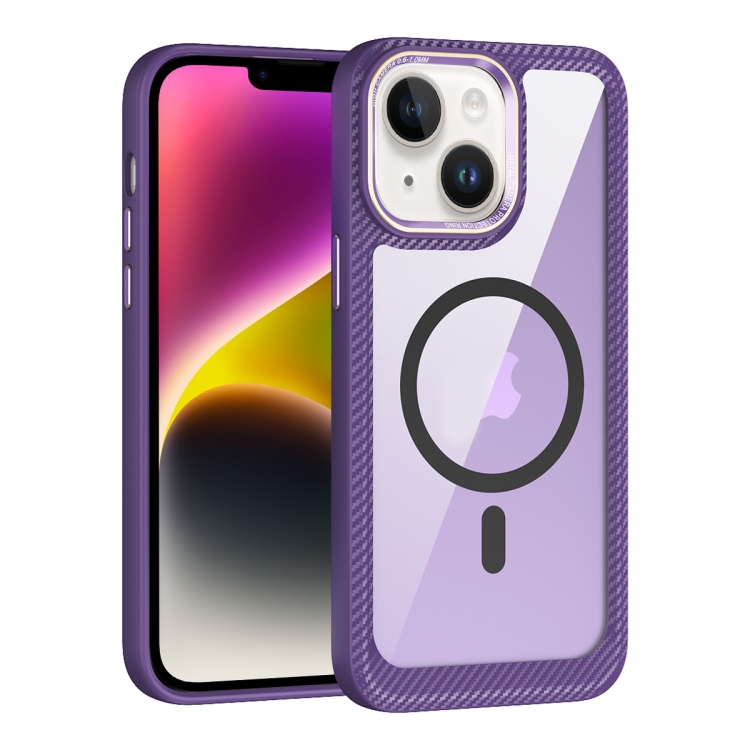 

For iPhone 15 MagSafe Carbon Fiber Transparent Back Panel Phone Case(Purple)