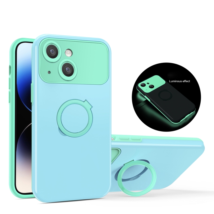 

For iPhone 13 Luminous Series Ring Holder Phone Case(Blue + Lake Green)