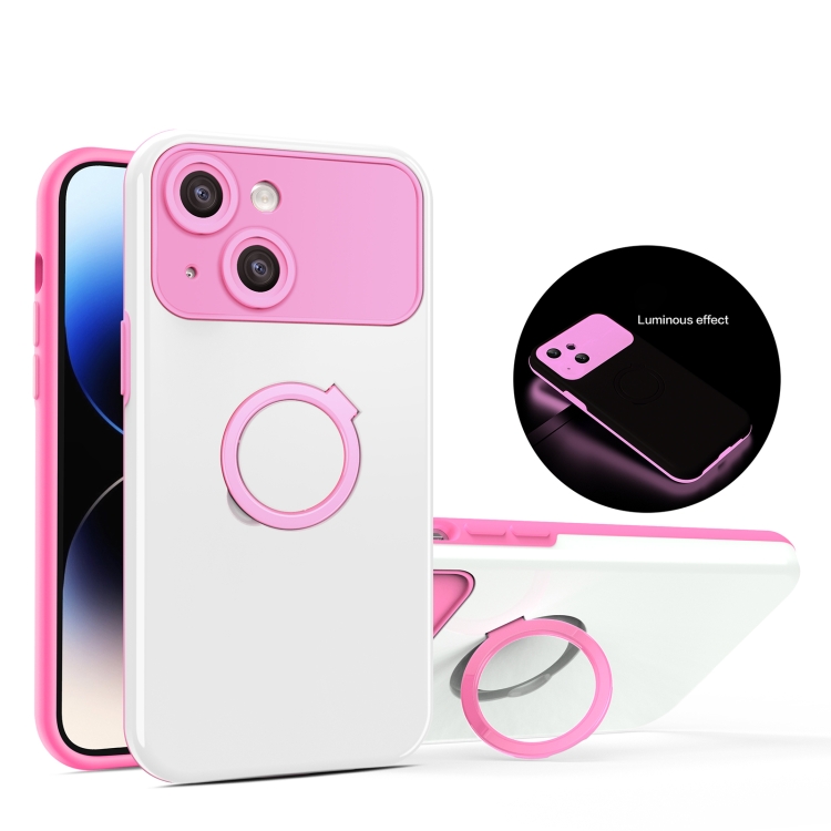 

For iPhone 14 Luminous Series Ring Holder Phone Case(White + Pink)