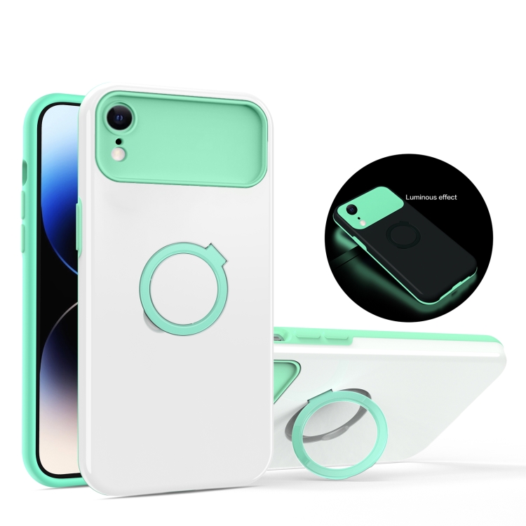 

For iPhone XR Luminous Series Ring Holder Phone Case(White + Lake Green)