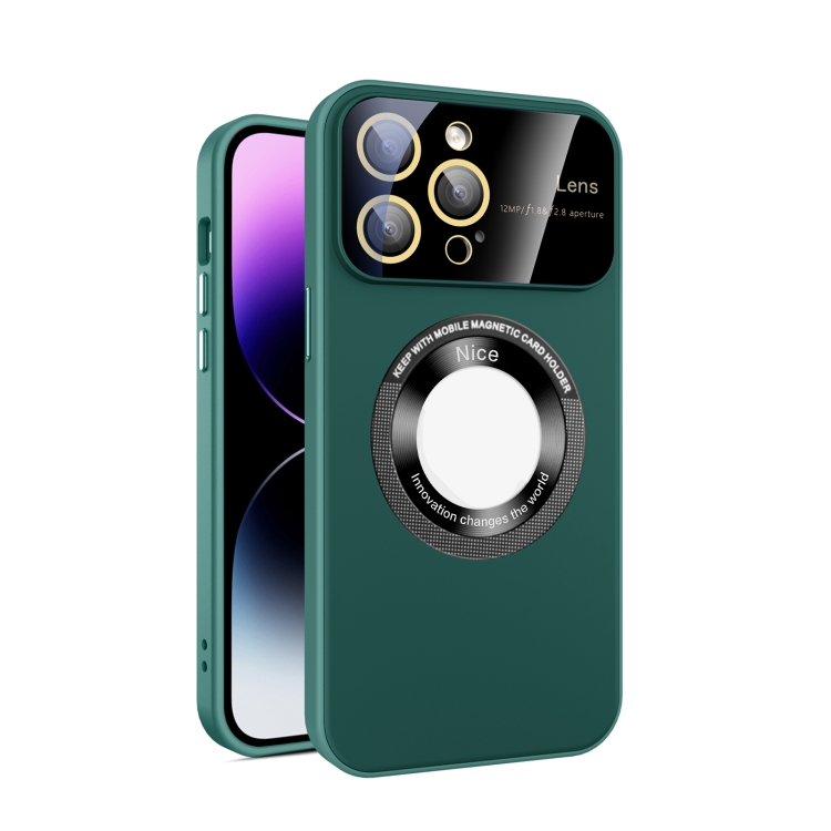 

For iPhone 15 Pro Max Large Glass Window Magnetic Magsafe Phone Case with Lens Film(Green)
