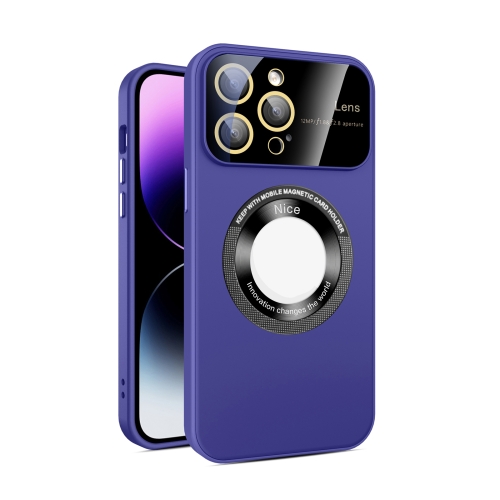 

For iPhone 15 Pro Large Glass Window Magnetic Magsafe Phone Case with Lens Film(Dark Purple)