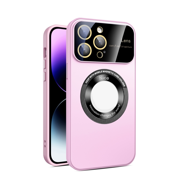 

For iPhone 15 Pro Large Glass Window Magnetic Magsafe Phone Case with Lens Film(Pink)