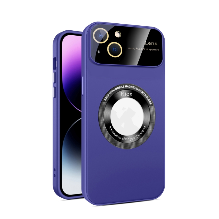 

For iPhone 15 Large Glass Window Magnetic Magsafe Phone Case with Lens Film(Dark Purple)