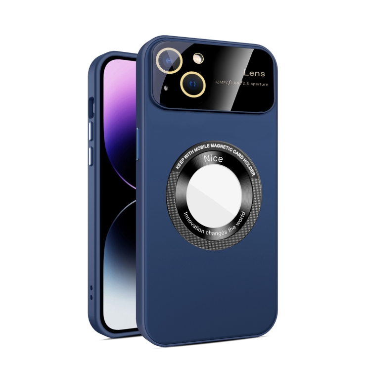 

For iPhone 15 Large Glass Window Magnetic Magsafe Phone Case with Lens Film(Royal Blue)