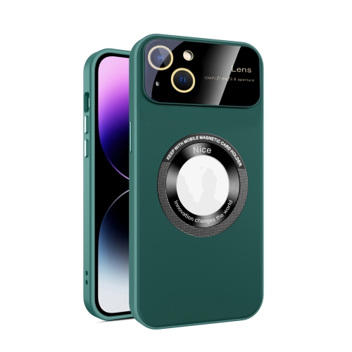 

For iPhone 15 Large Glass Window Magnetic Magsafe Phone Case with Lens Film(Green)