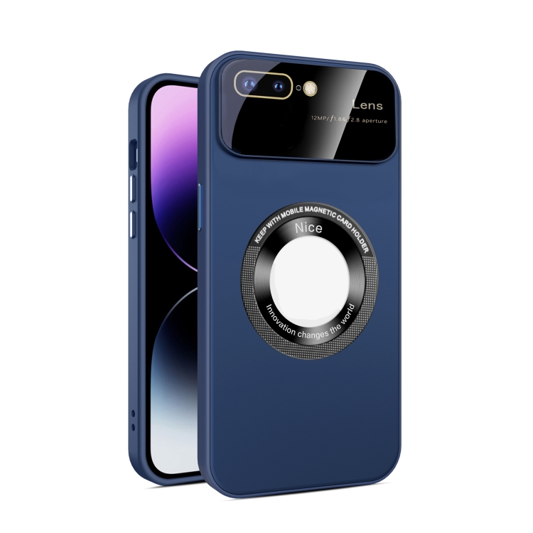 

For iPhone 8 Plus/7 Plus Large Glass Window Magnetic Magsafe Phone Case with Lens Film(Royal Blue)