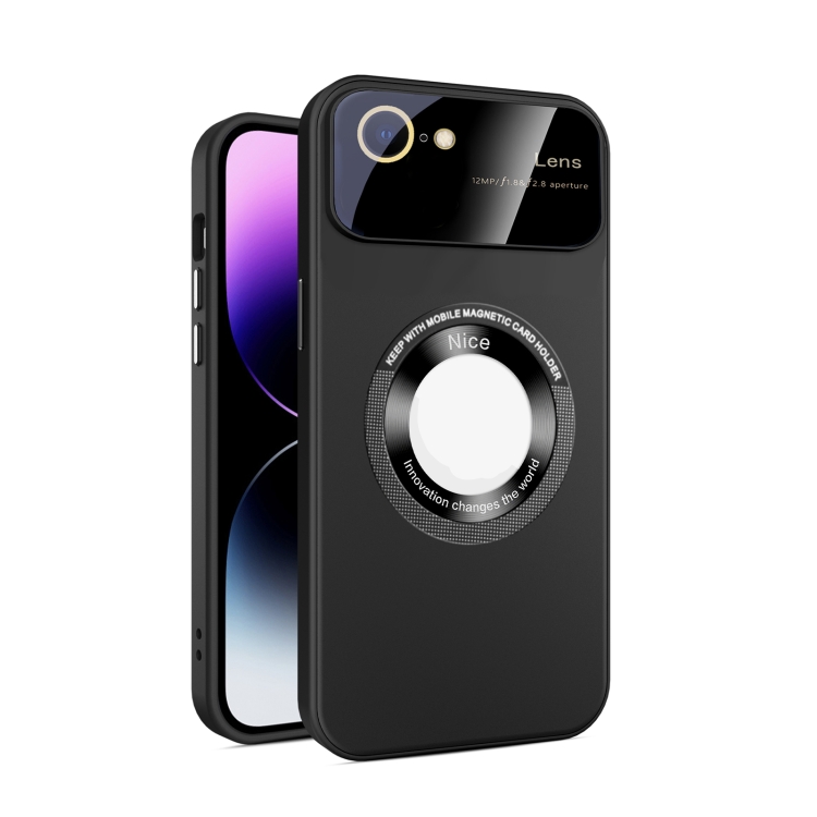 

For iPhone SE 2022/2020/8/7 Large Glass Window Magnetic Magsafe Phone Case with Lens Film(Black)