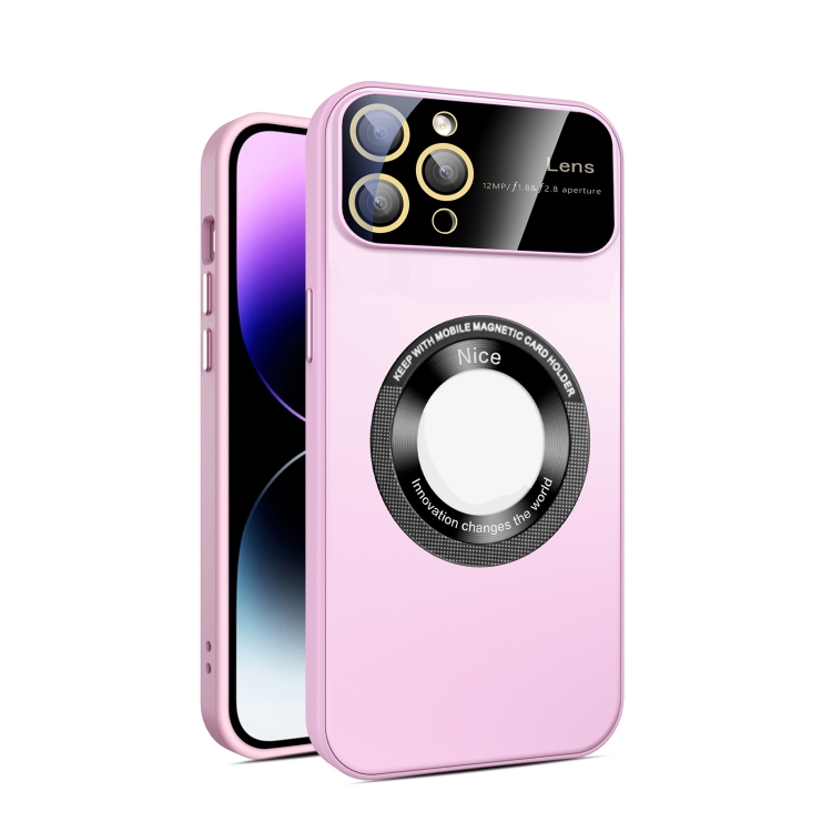 

For iPhone 11 Pro Large Glass Window Magnetic Magsafe Phone Case with Lens Film(Pink)