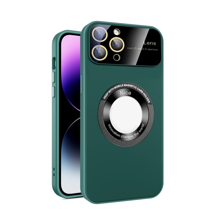 

For iPhone 11 Pro Max Large Glass Window Magnetic Magsafe Phone Case with Lens Film(Green)