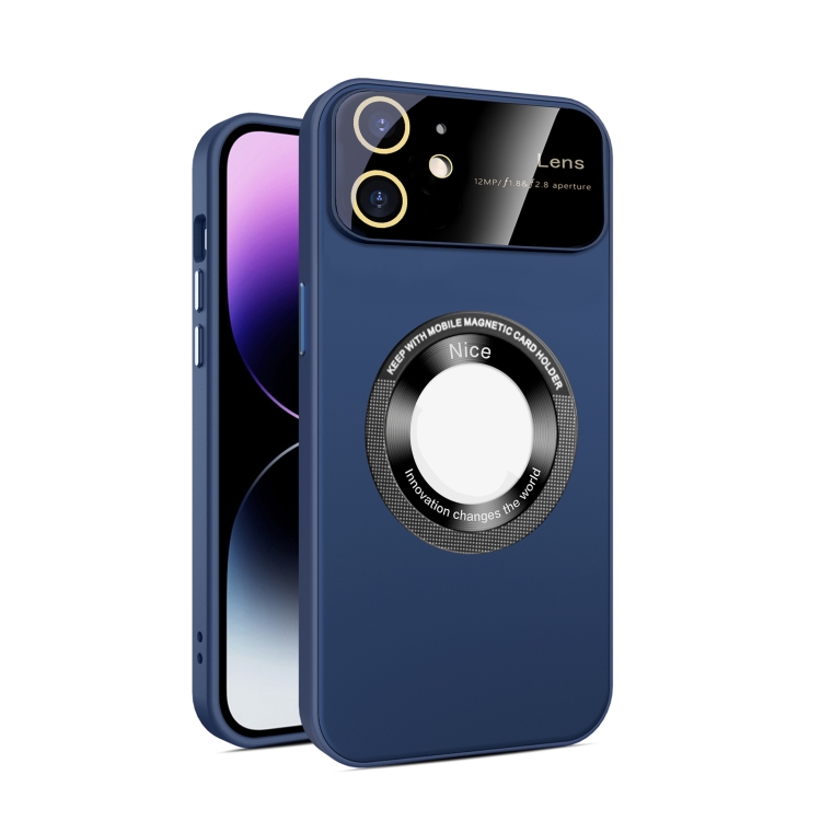 

For iPhone 12 Large Glass Window Magnetic Magsafe Phone Case with Lens Film(Royal Blue)