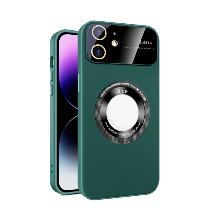 

For iPhone 12 Large Glass Window Magnetic Magsafe Phone Case with Lens Film(Green)