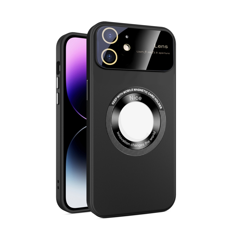 

For iPhone 12 Large Glass Window Magnetic Magsafe Phone Case with Lens Film(Black)