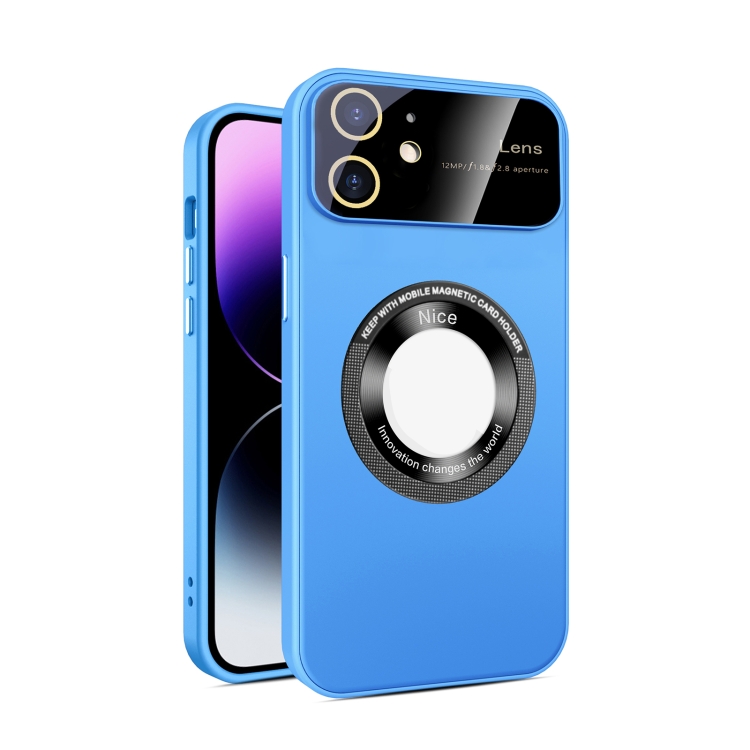 

For iPhone 12 Large Glass Window Magnetic Magsafe Phone Case with Lens Film(Sky Blue)