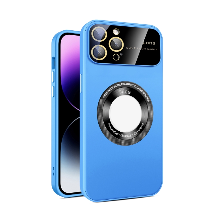

For iPhone 12 Pro Large Glass Window Magnetic Magsafe Phone Case with Lens Film(Sky Blue)