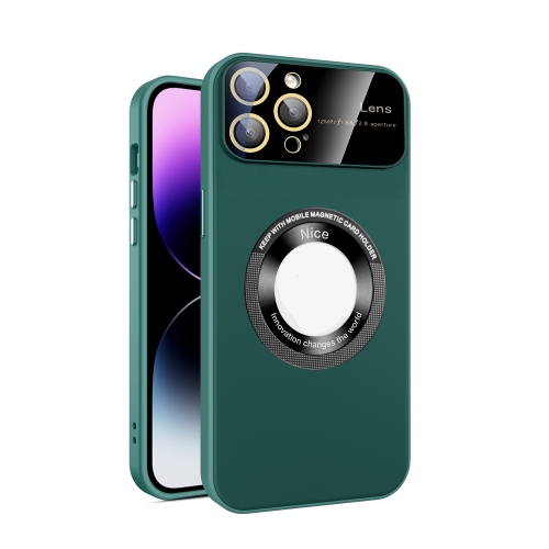 

For iPhone 12 Pro Max Large Glass Window Magnetic Magsafe Phone Case with Lens Film(Green)