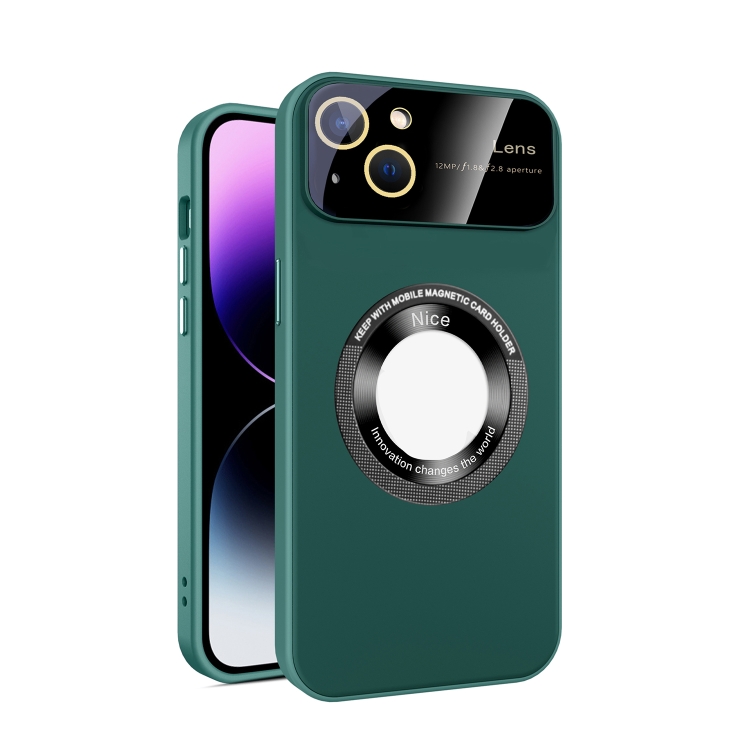 

For iPhone 13 Large Glass Window Magnetic Magsafe Phone Case with Lens Film(Green)