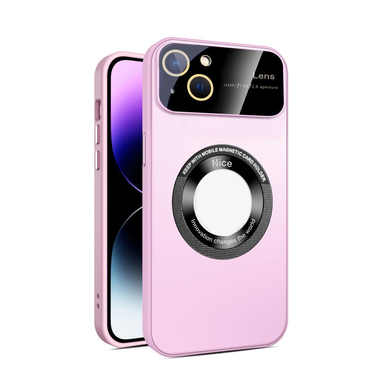 

For iPhone 13 Large Glass Window Magnetic Magsafe Phone Case with Lens Film(Pink)